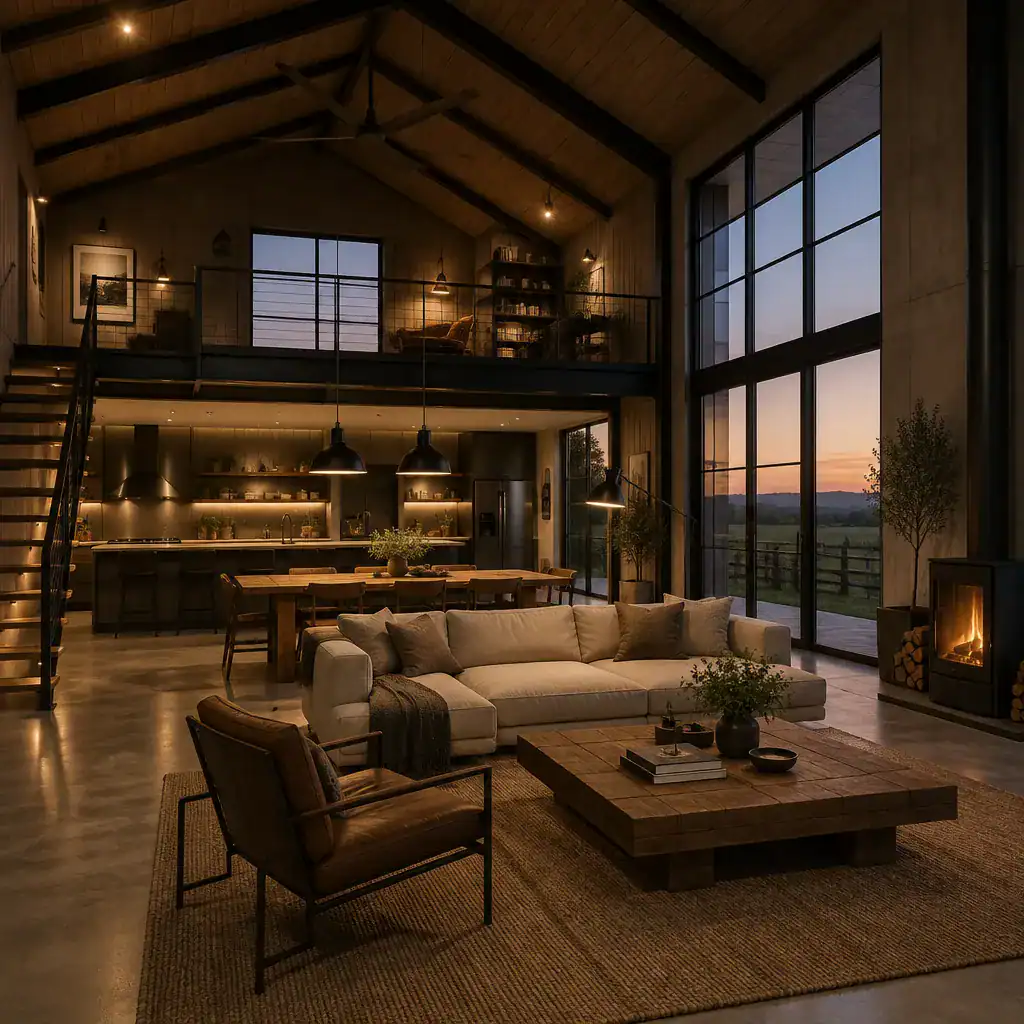 warm layered lighting in a modern industrial barn house interior