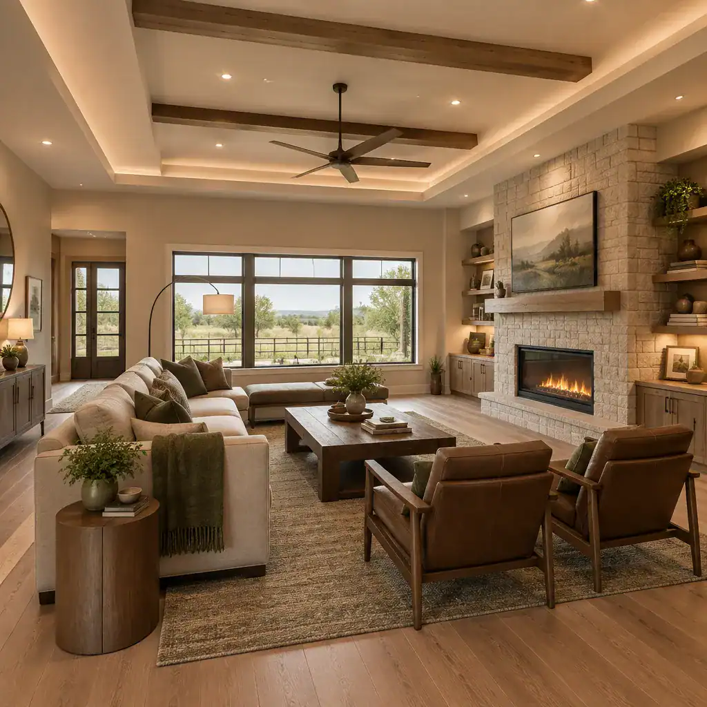 warm neutral modern ranch living room with layered lighting and muted natural colors