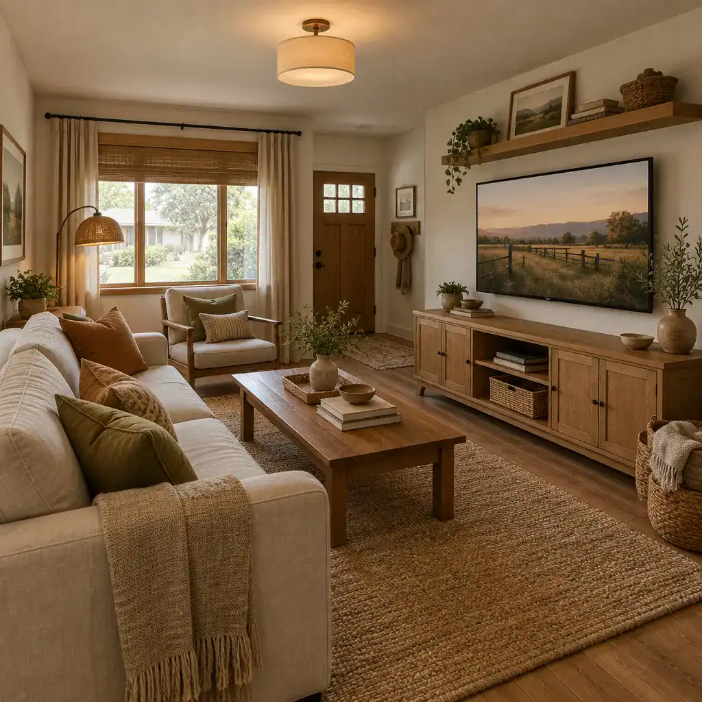 warm ranch living room with natural textures and tv
