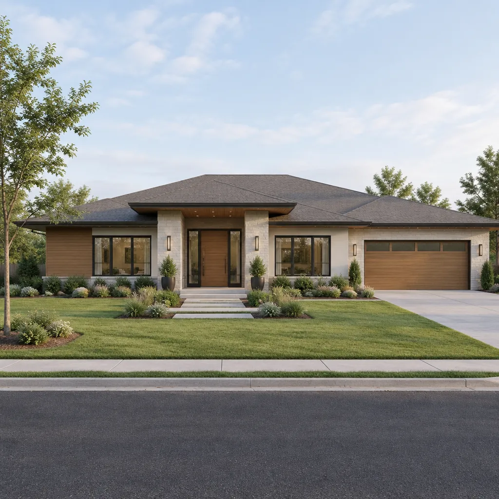 wide modern ranch house exterior with low horizontal profile