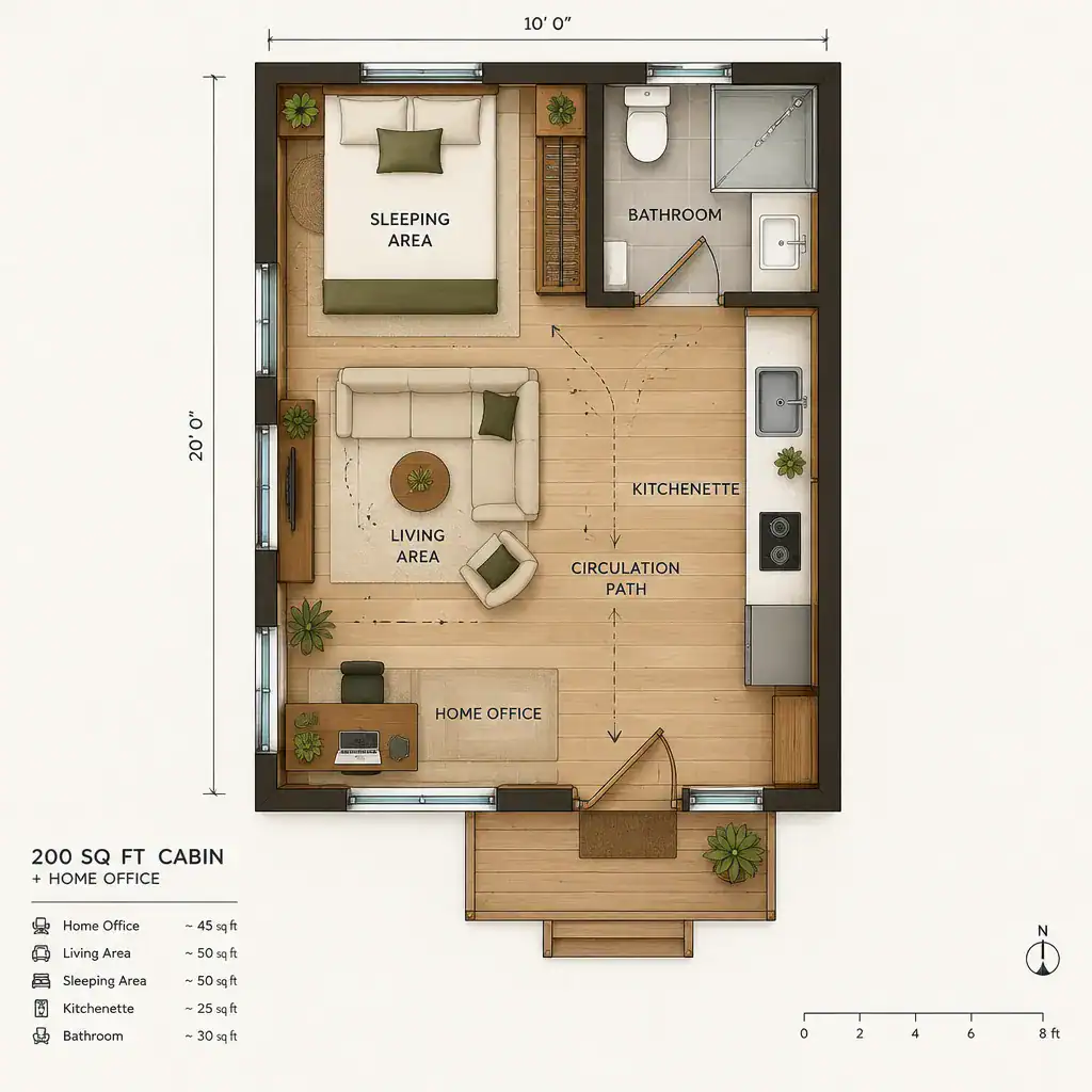 200 sq ft cabin floor plan with home office zoning
