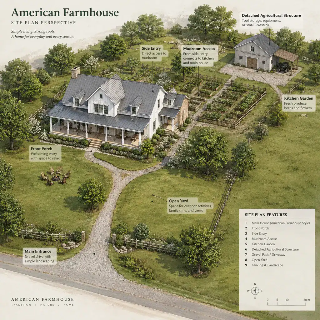 American farmhouse connected to a practical rural site layout