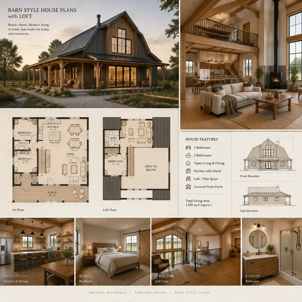 Barn house interior with exposed beams and a loft railing