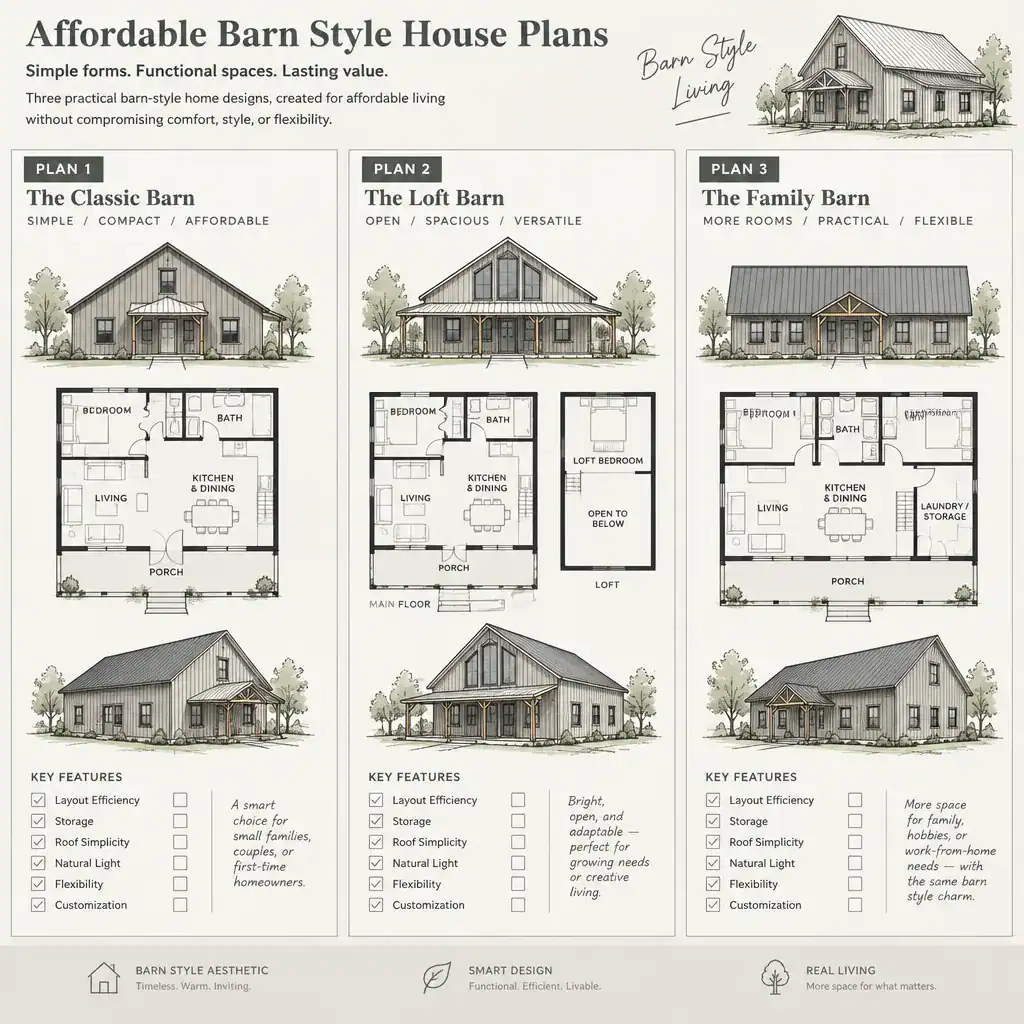 Barn house plan comparison board focused on practical features and flexibility