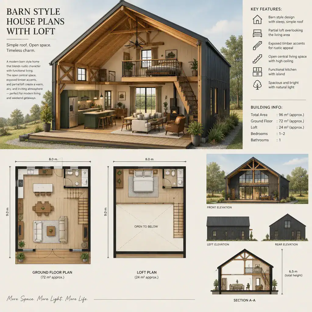 Barn style house plan with a partial loft overlooking an open living area