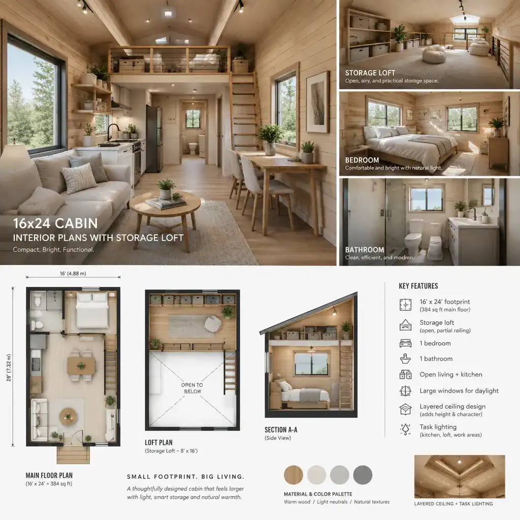 bright cabin interior with open storage loft and layered lighting