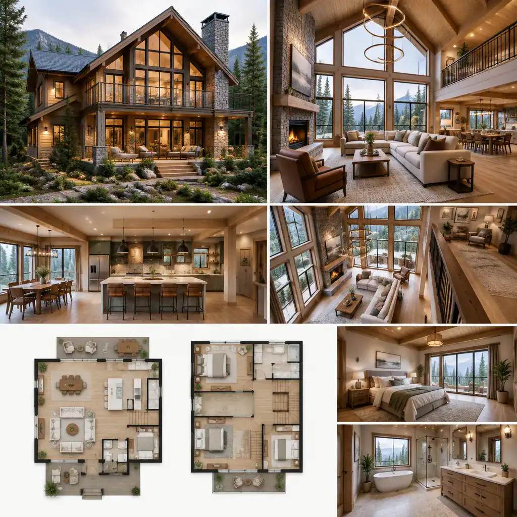 Bright cohesive interior of a two-story chalet house