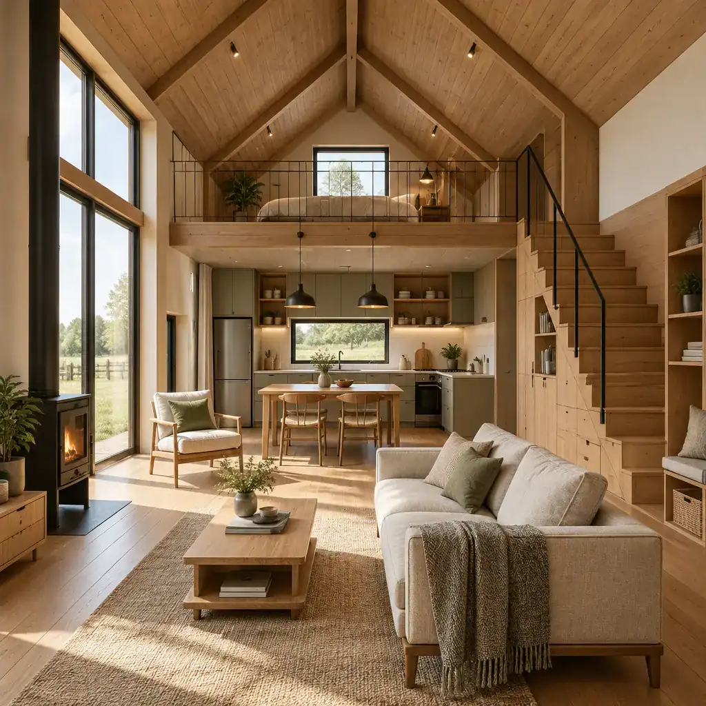 Bright compact barn house interior with efficient furniture and storage