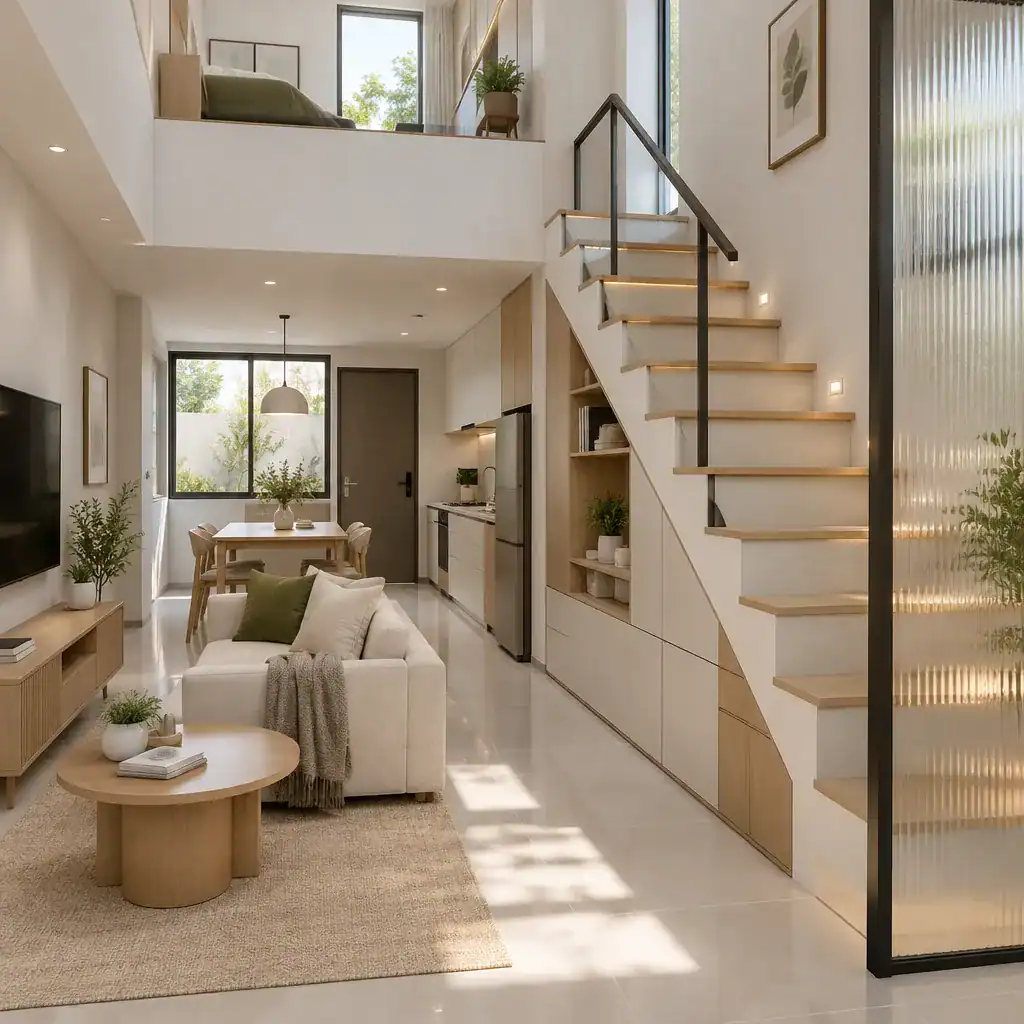 Bright compact villa staircase with storage and layered lighting