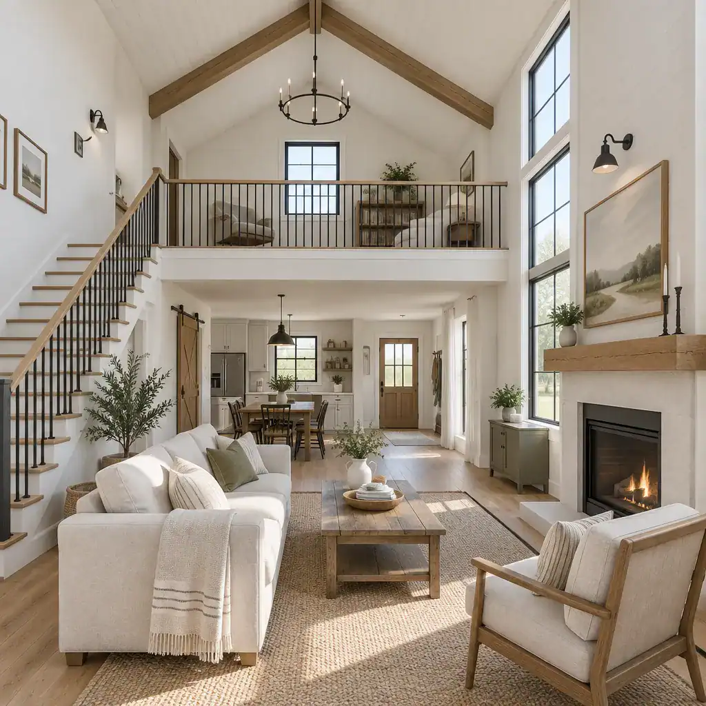 Bright modern farmhouse interior with loft railing