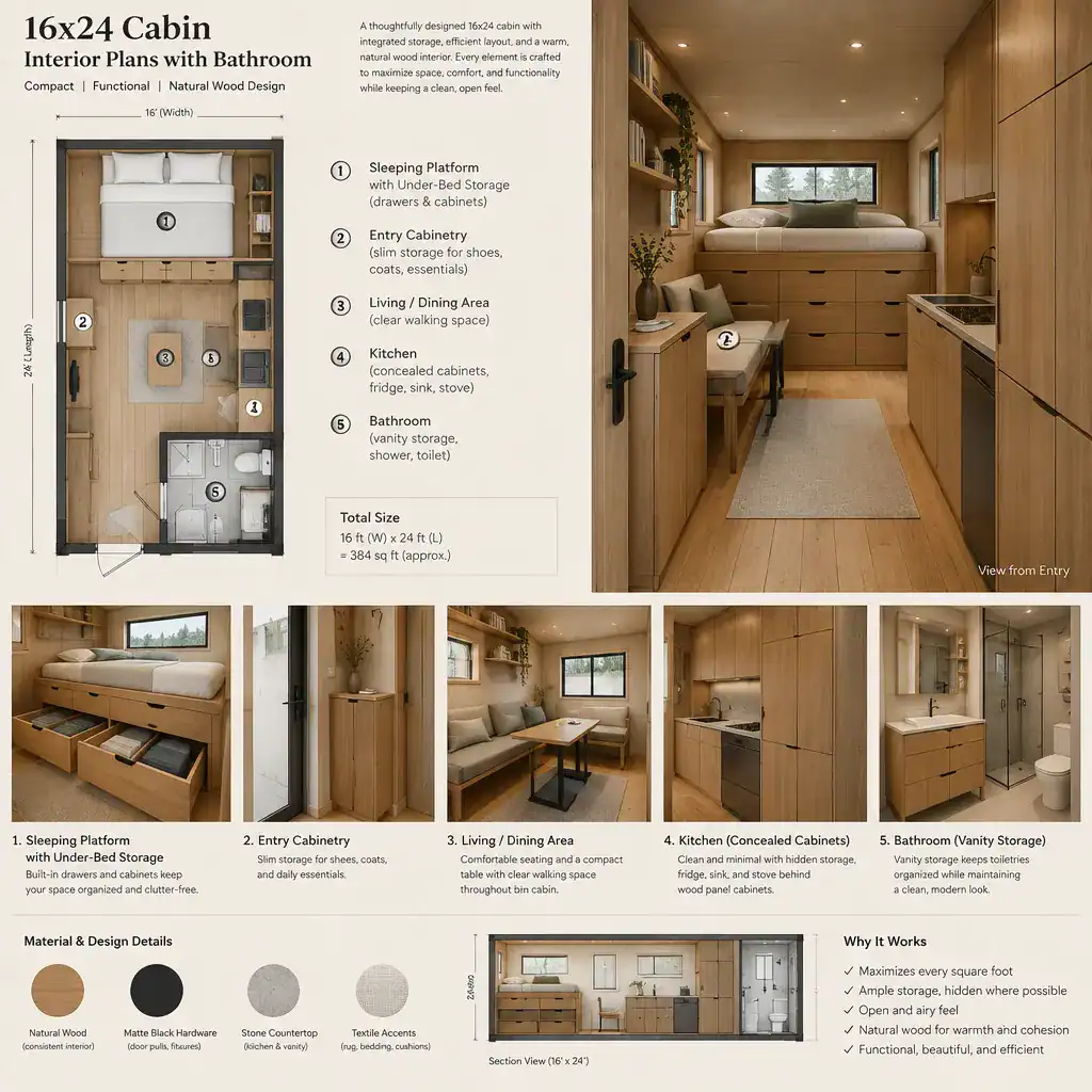 Built-in storage ideas for a compact cabin interior with bathroom