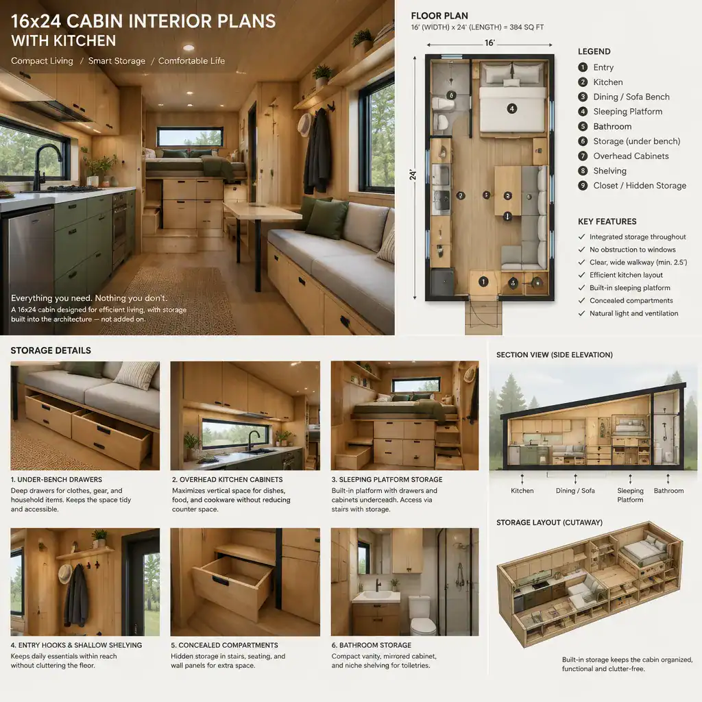 Built-in storage solutions for a compact cabin interior