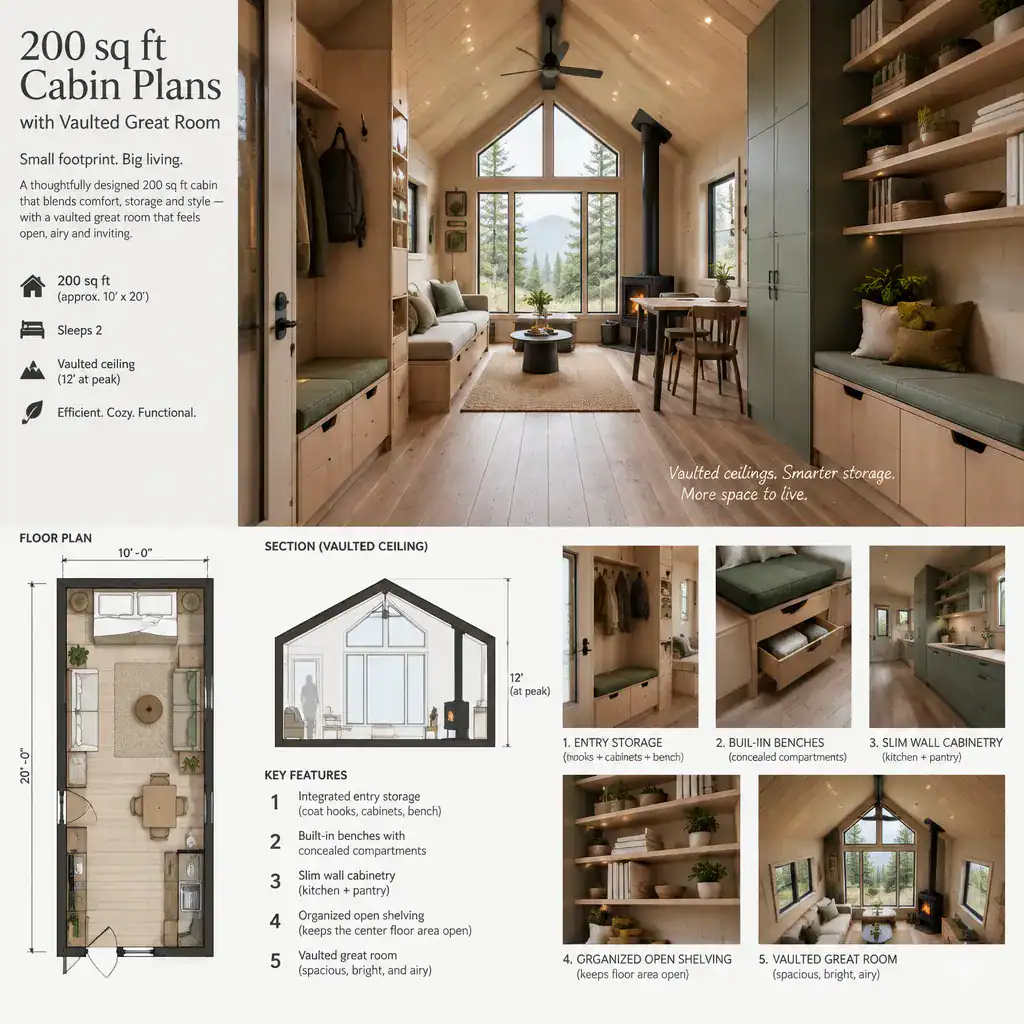 Built-in storage solutions for a tiny vaulted cabin