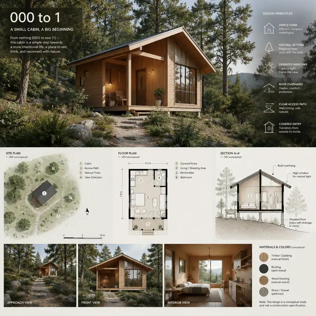 Cabin concept positioned for site access, views, and weather protection