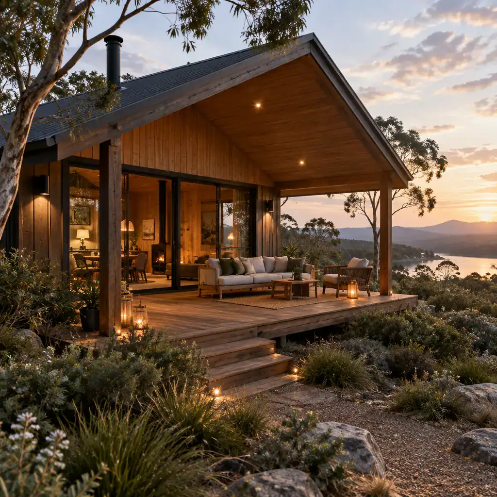 Cabin deck connected to the surrounding landscape
