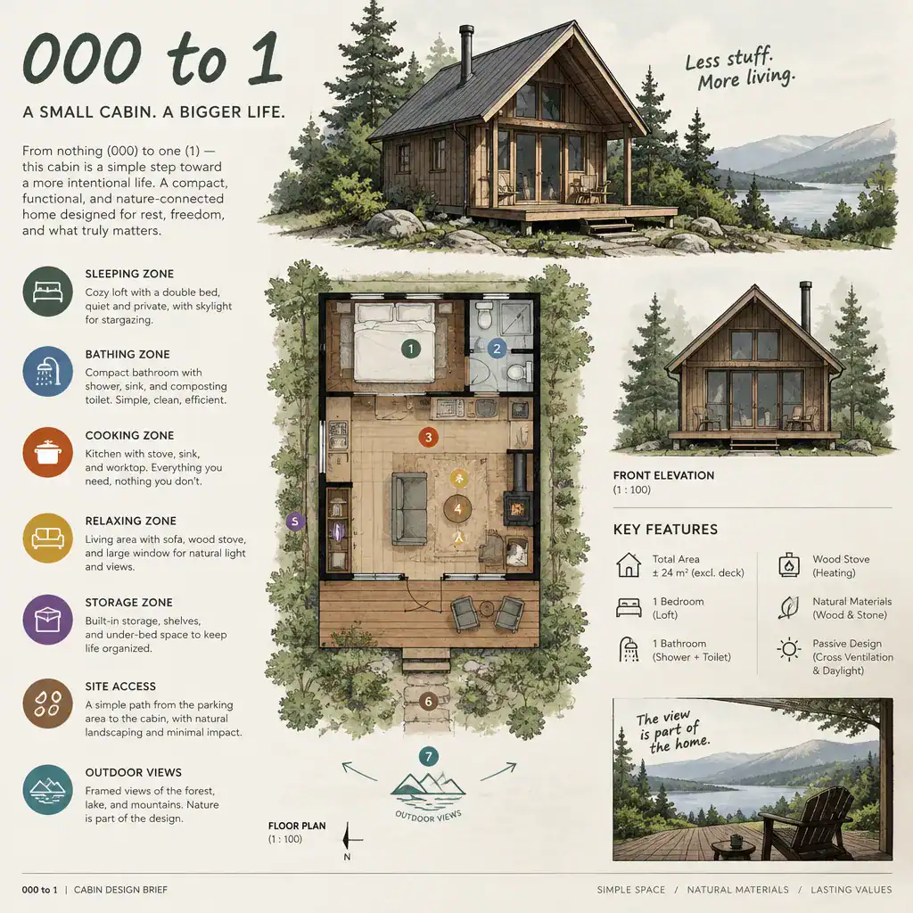 Cabin design brief with labeled functional zones