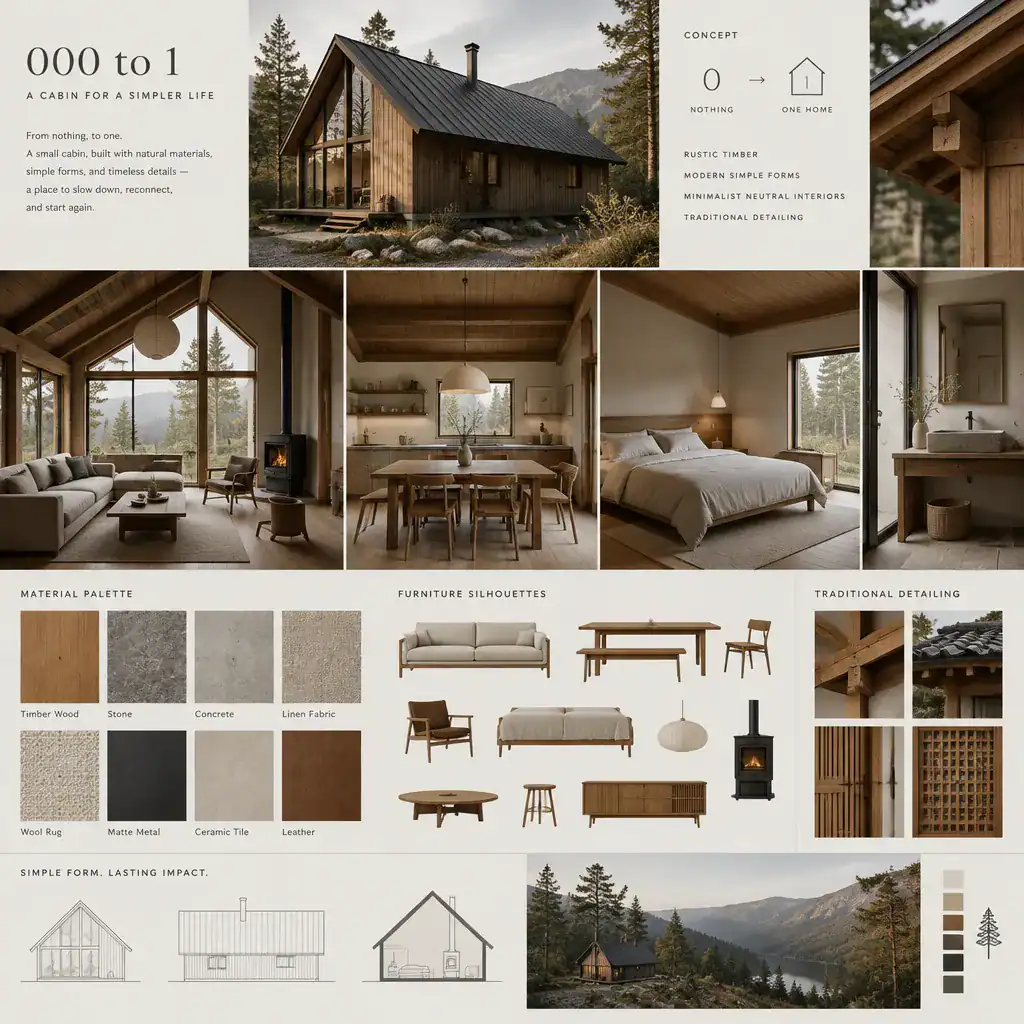 Cabin design direction mood board with contrasting style options
