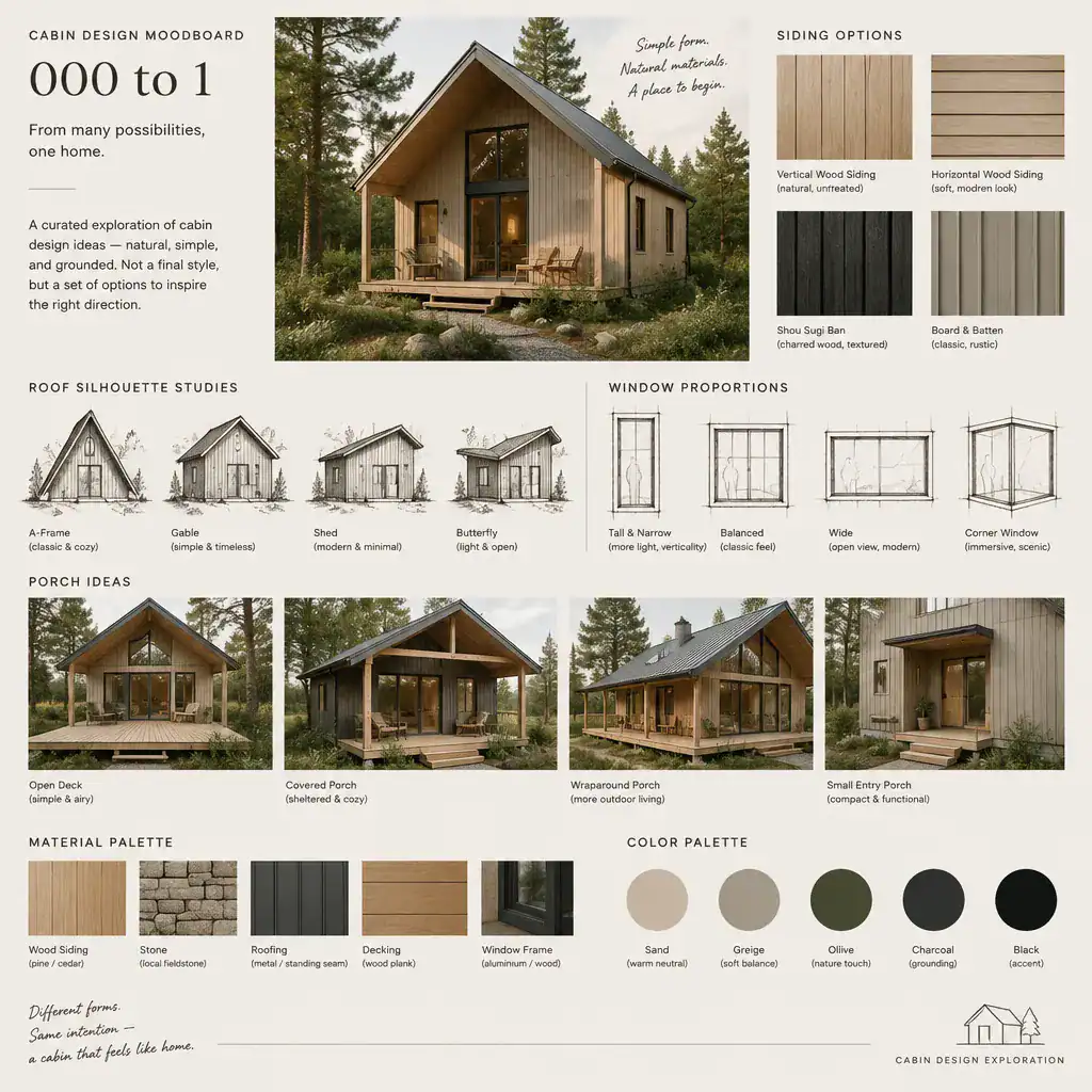 Cabin design moodboard with wood siding, roof, window, and porch options