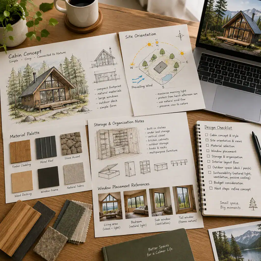 Cabin design planning workspace with sketches and materials