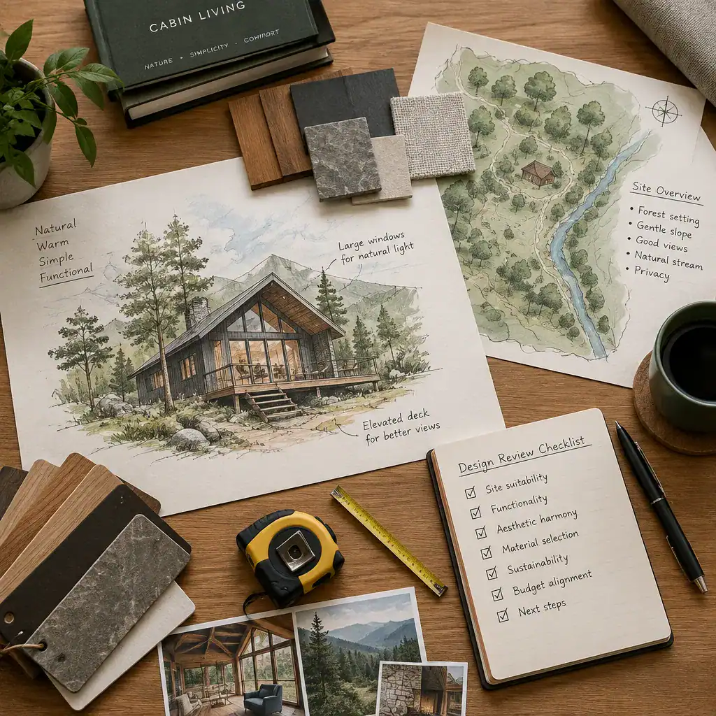 Cabin design review with floor plan, site map, materials, and checklist