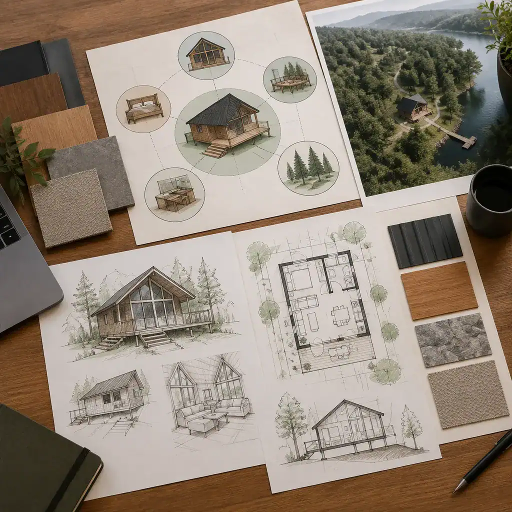 Cabin design review with layout sketches and material samples