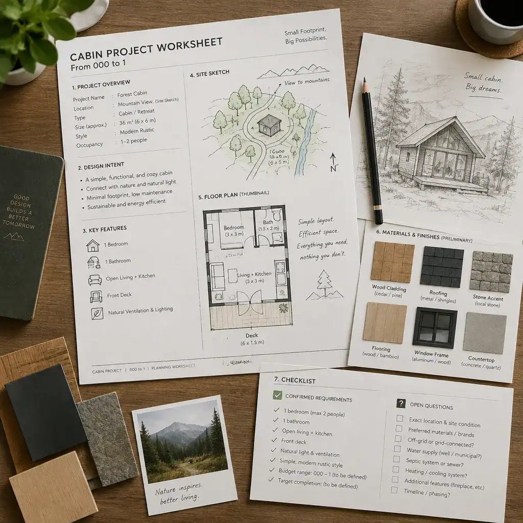 Cabin design worksheet separating confirmed requirements from open questions