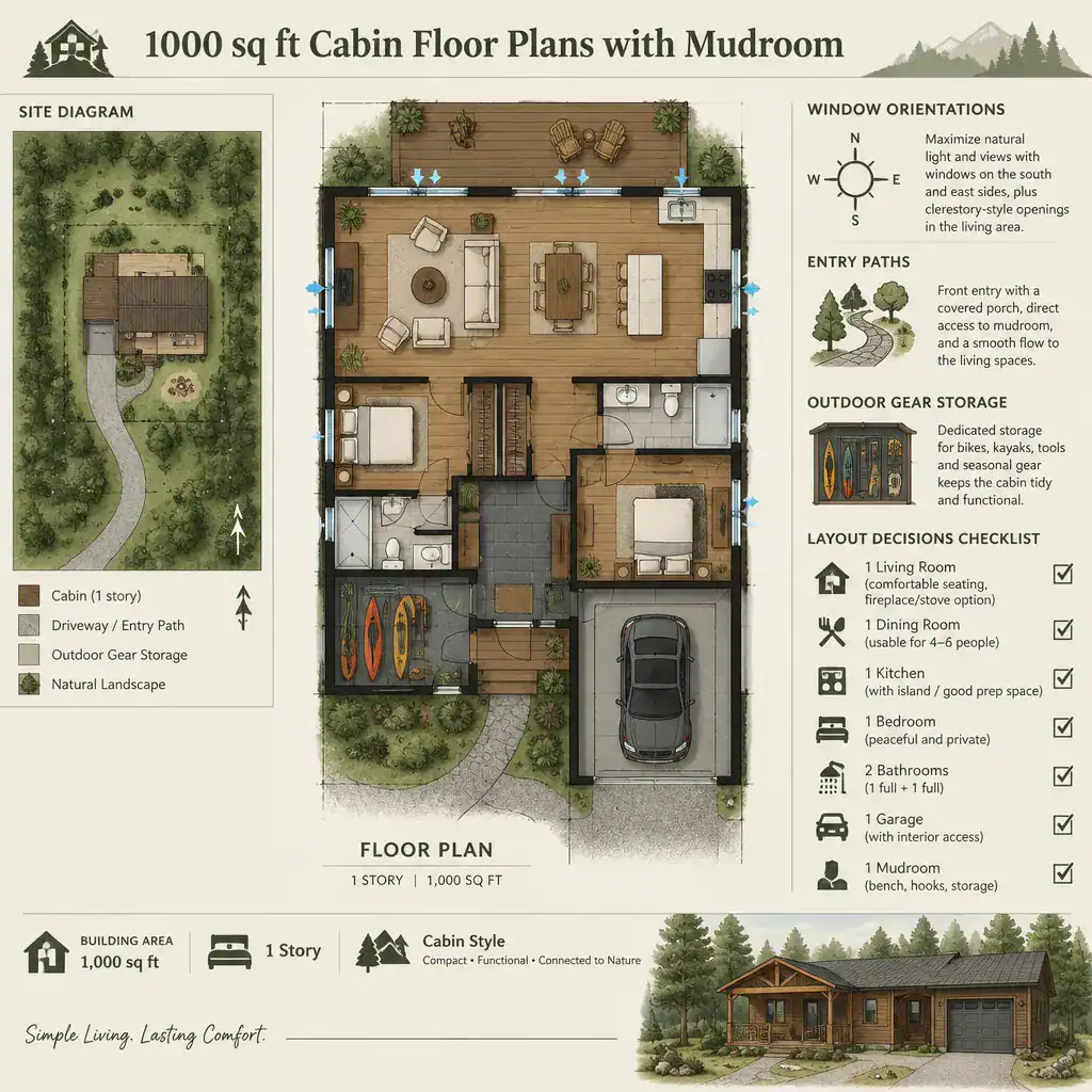 Cabin floor plan and site checklist for planning a mudroom layout