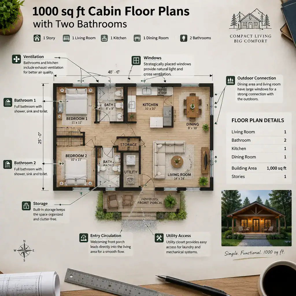 Cabin floor plan checklist showing bathroom access, ventilation, storage, and circulation