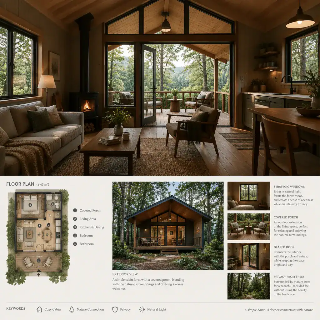 Cabin interior connected to a covered porch and wooded landscape