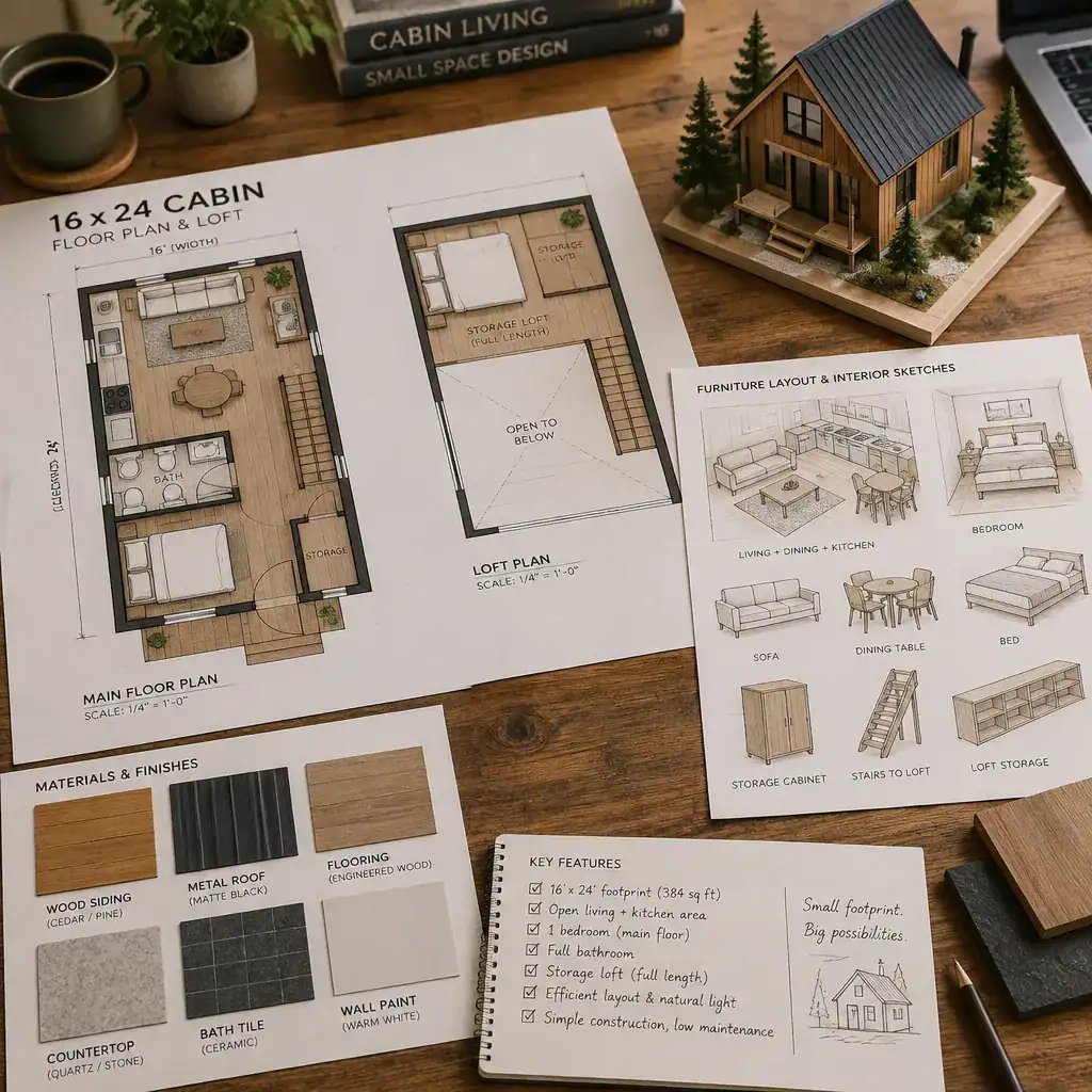 cabin interior plan review with loft layout and material samples
