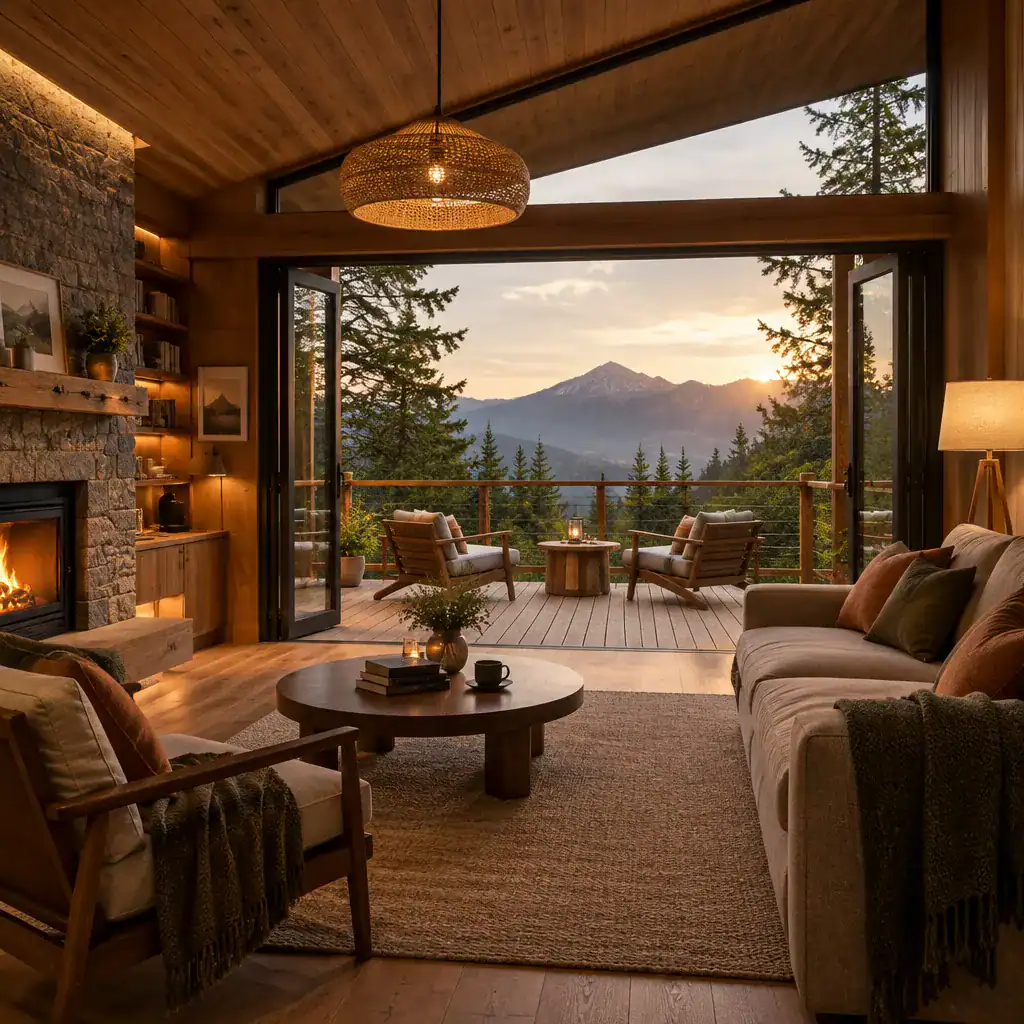 Cabin living room connected to a timber deck