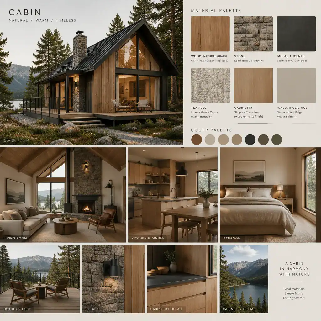 Cabin material palette with wood, stone, metal, and warm textiles