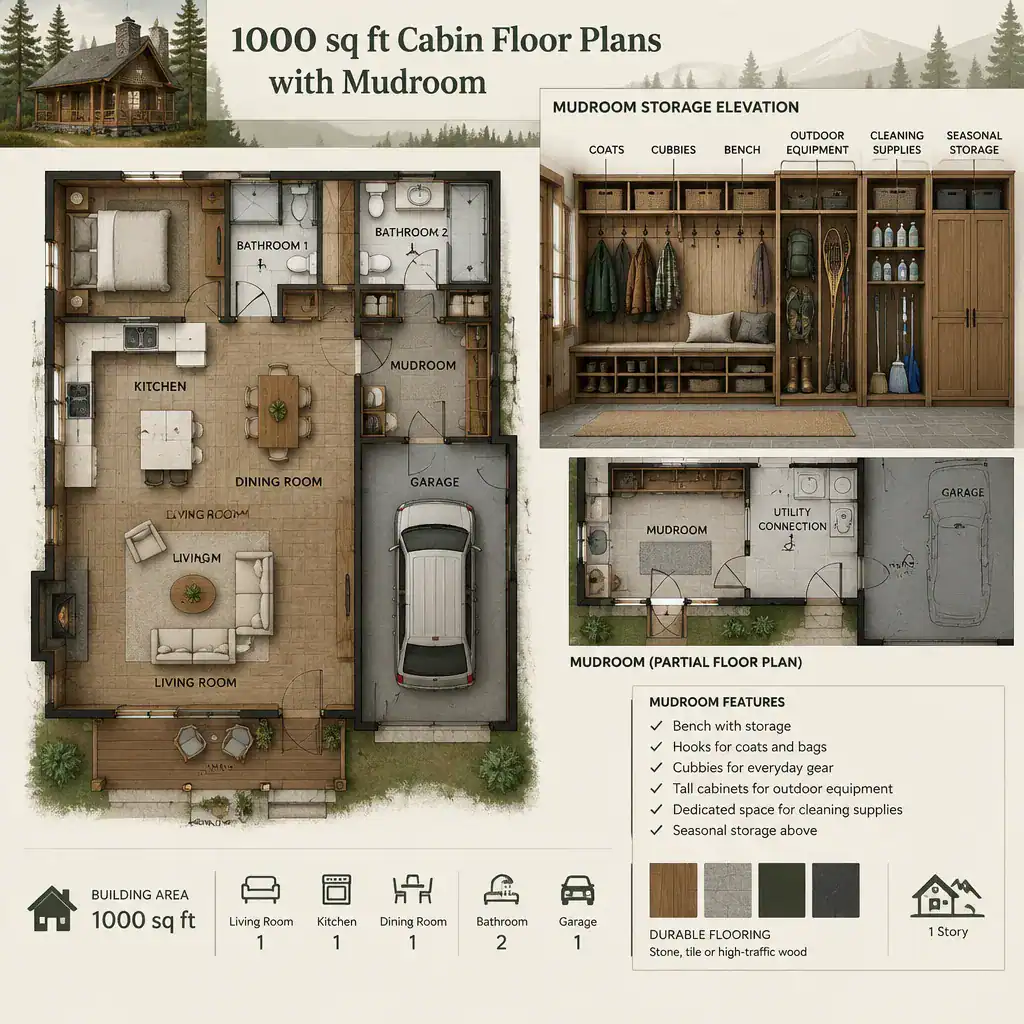 Cabin mudroom storage zones for outdoor gear and everyday use