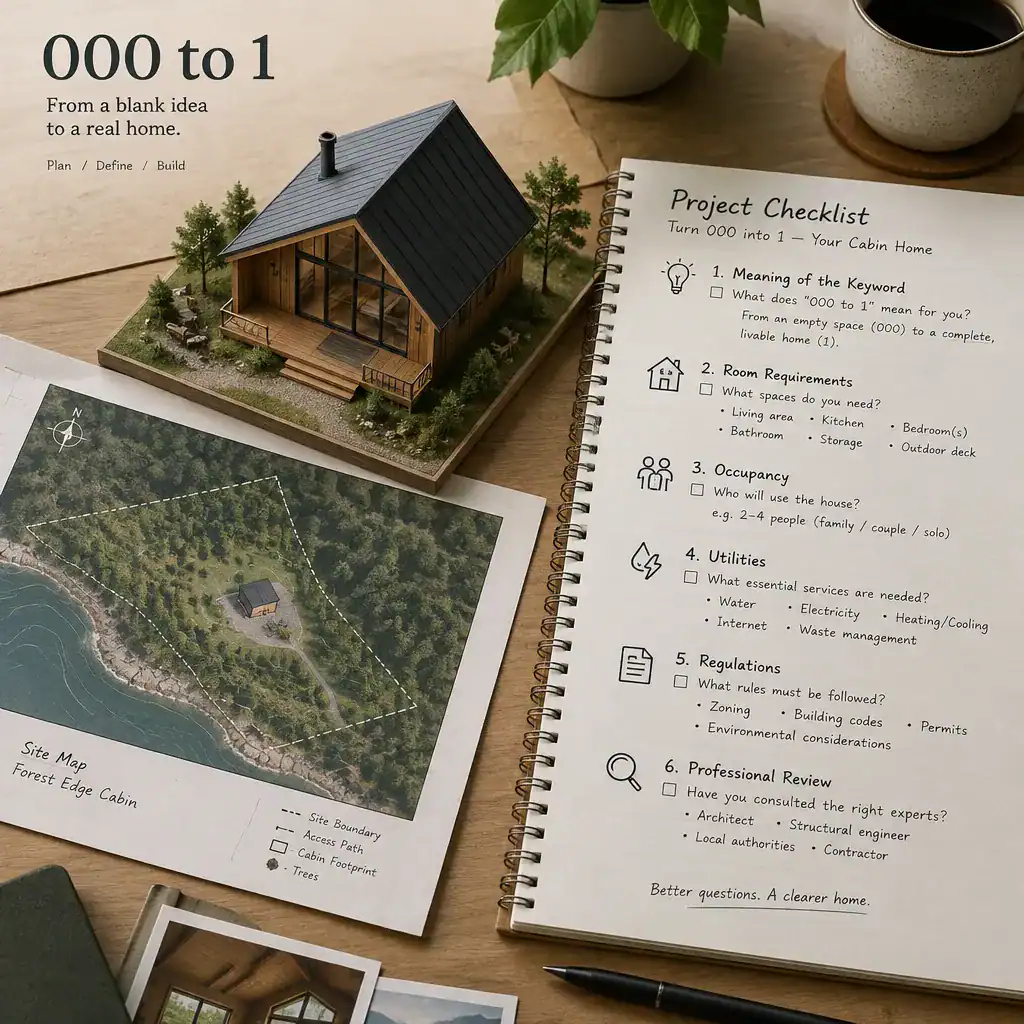 Cabin plan selection checklist beside a site map