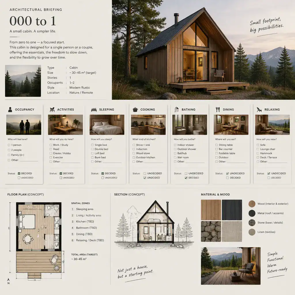 Cabin planning brief with room needs and undecided requirements