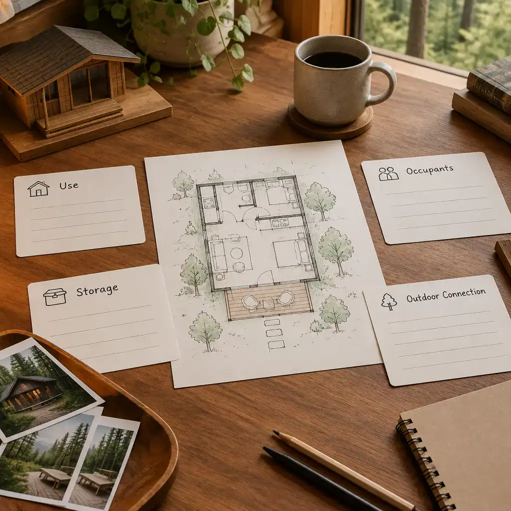 Cabin planning brief with use and layout requirement cards