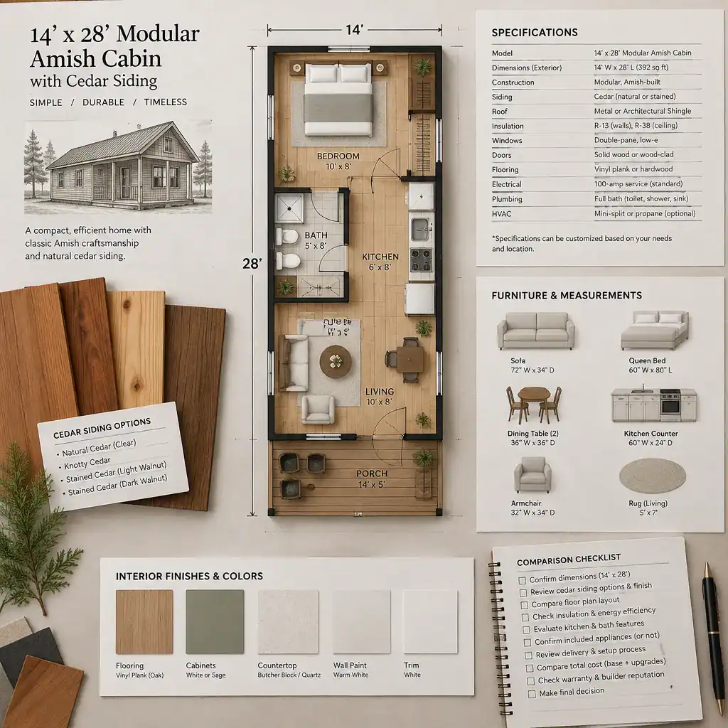 cabin planning checklist with cedar siding samples