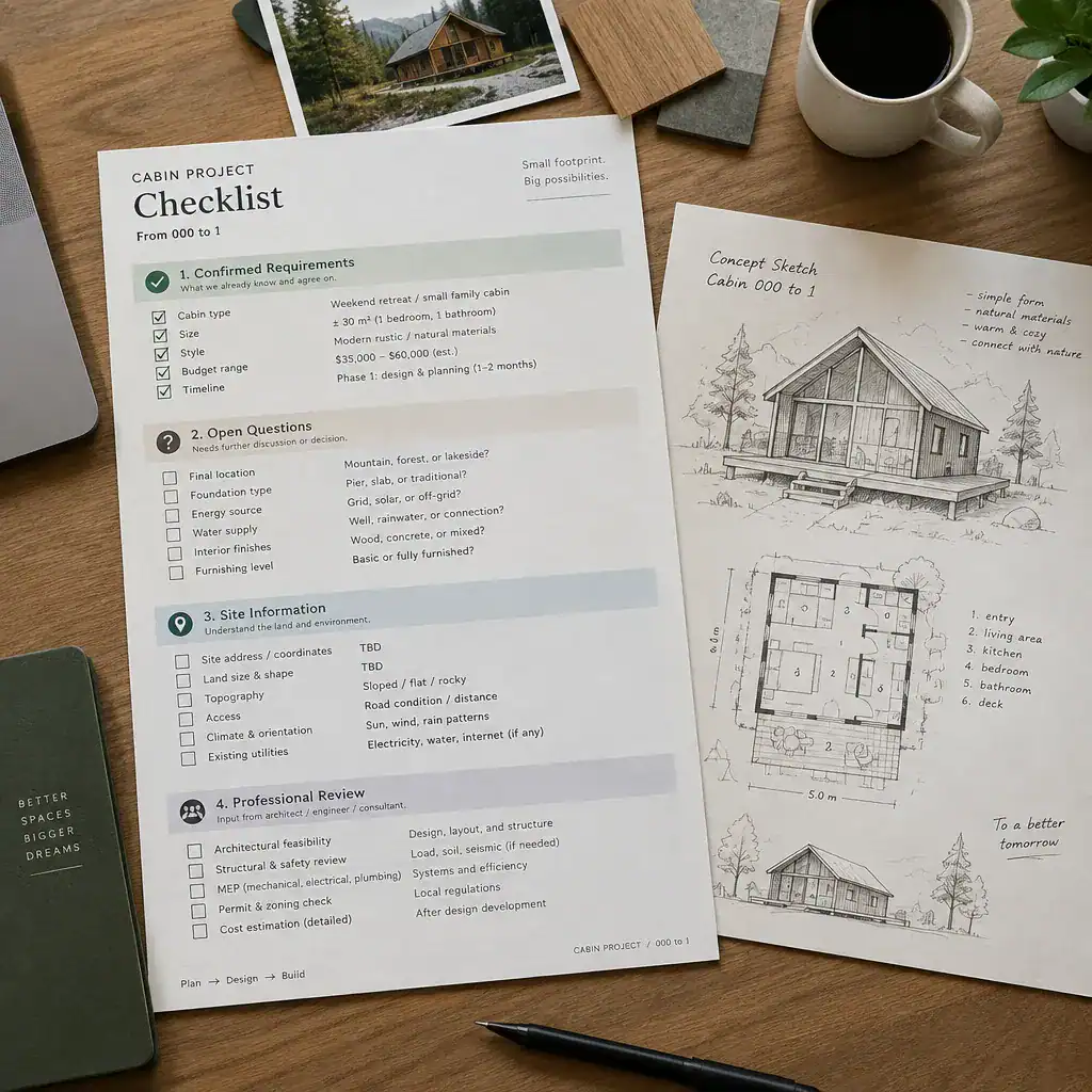 Cabin project checklist for confirming design requirements