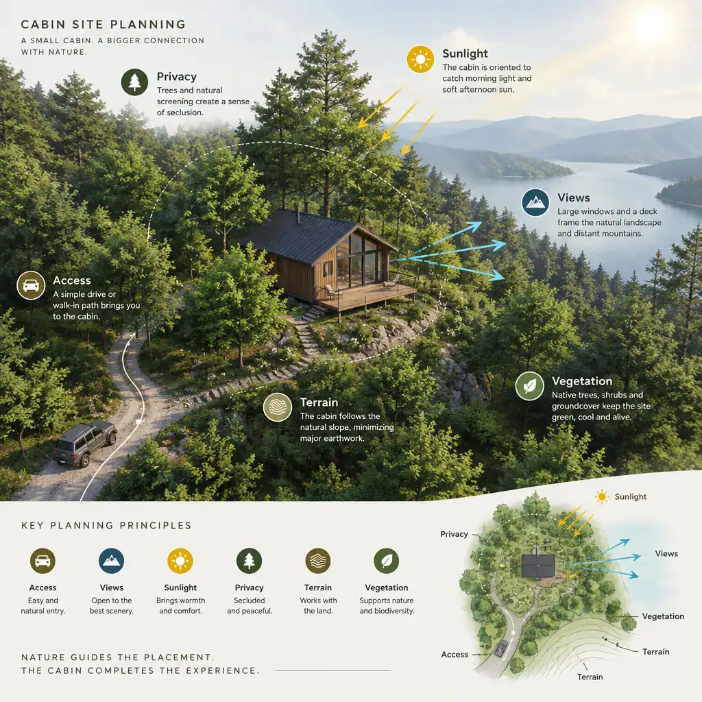 Cabin site planning with trees, access, views, and sunlight