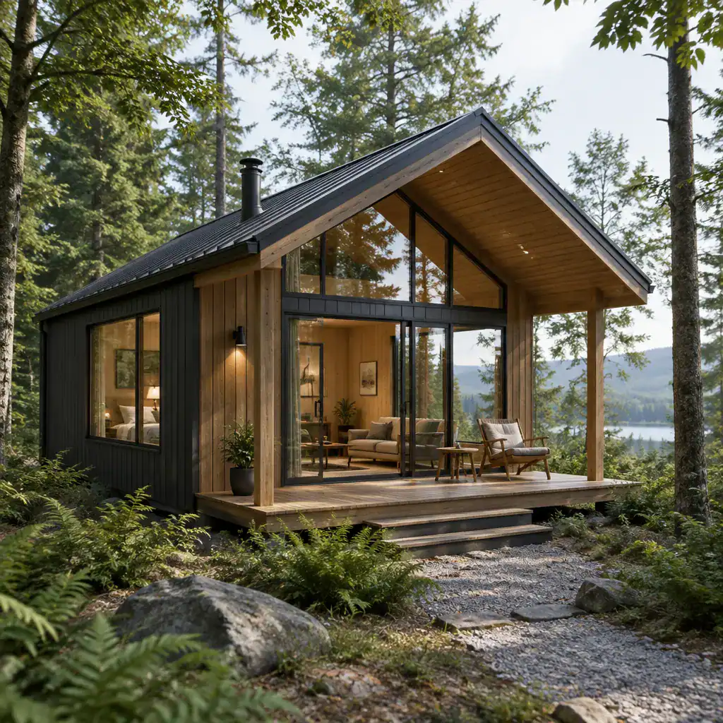 Cabin windows and porch connecting the interior with nature
