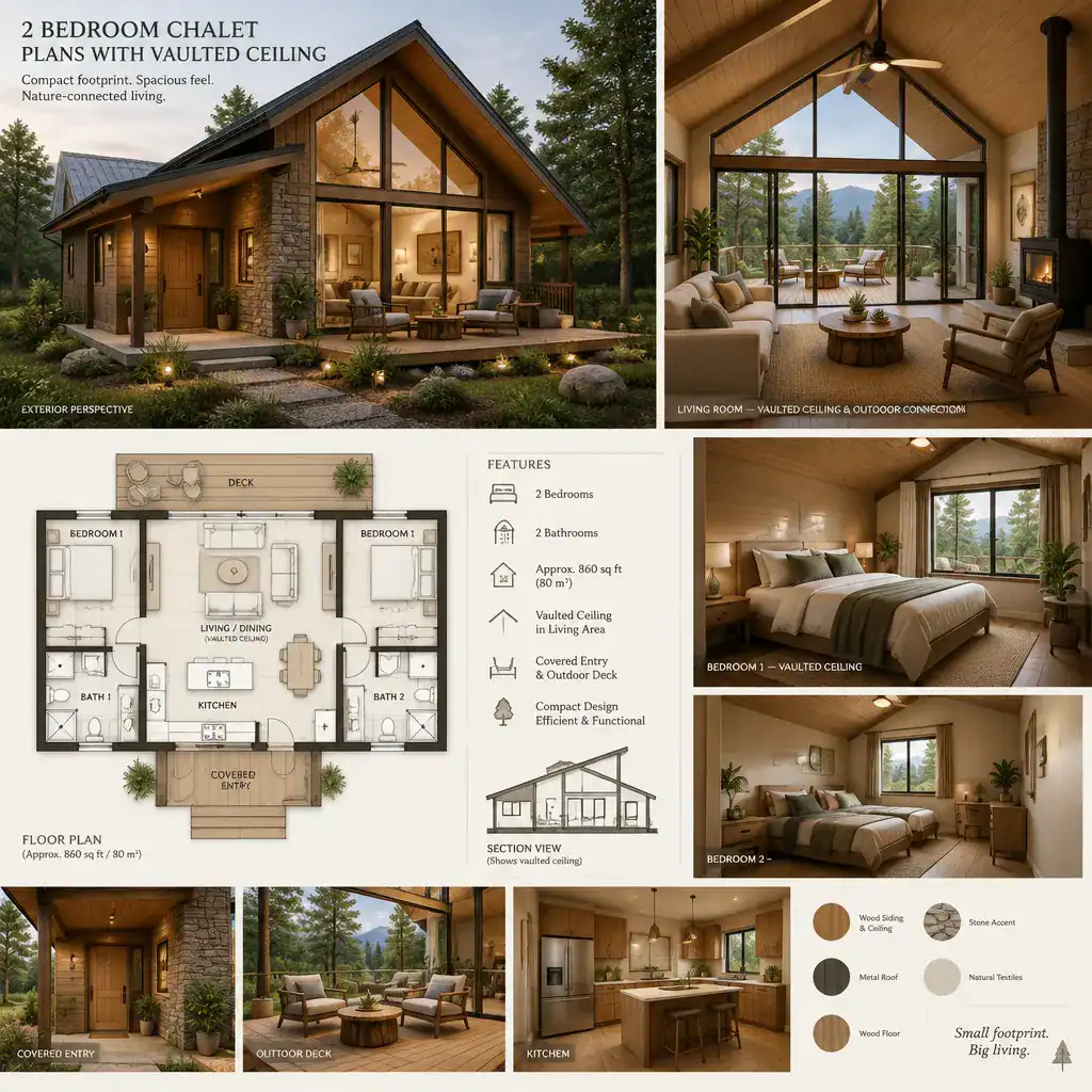 Chalet exterior connected to a vaulted living space