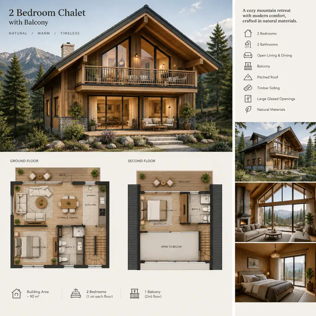 Chalet exterior with pitched roof and balcony design