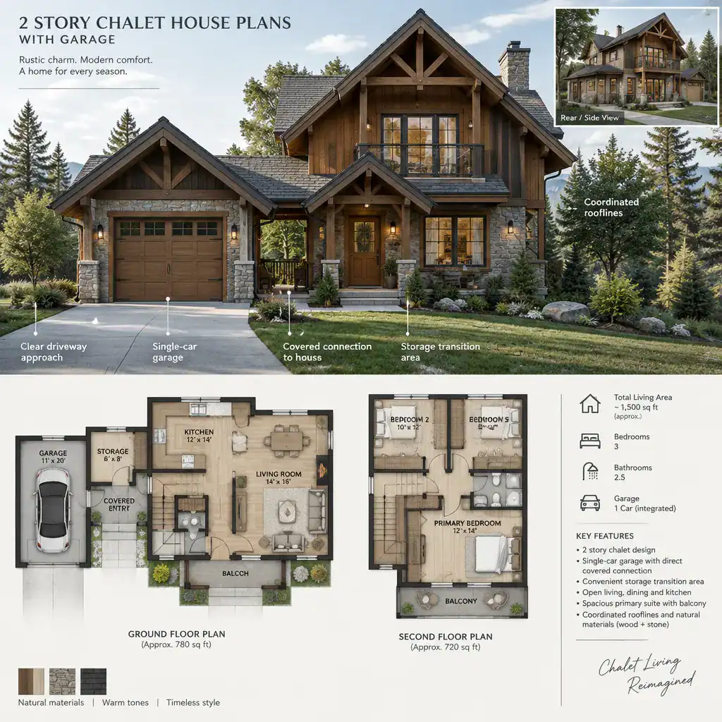 Chalet house exterior with integrated garage