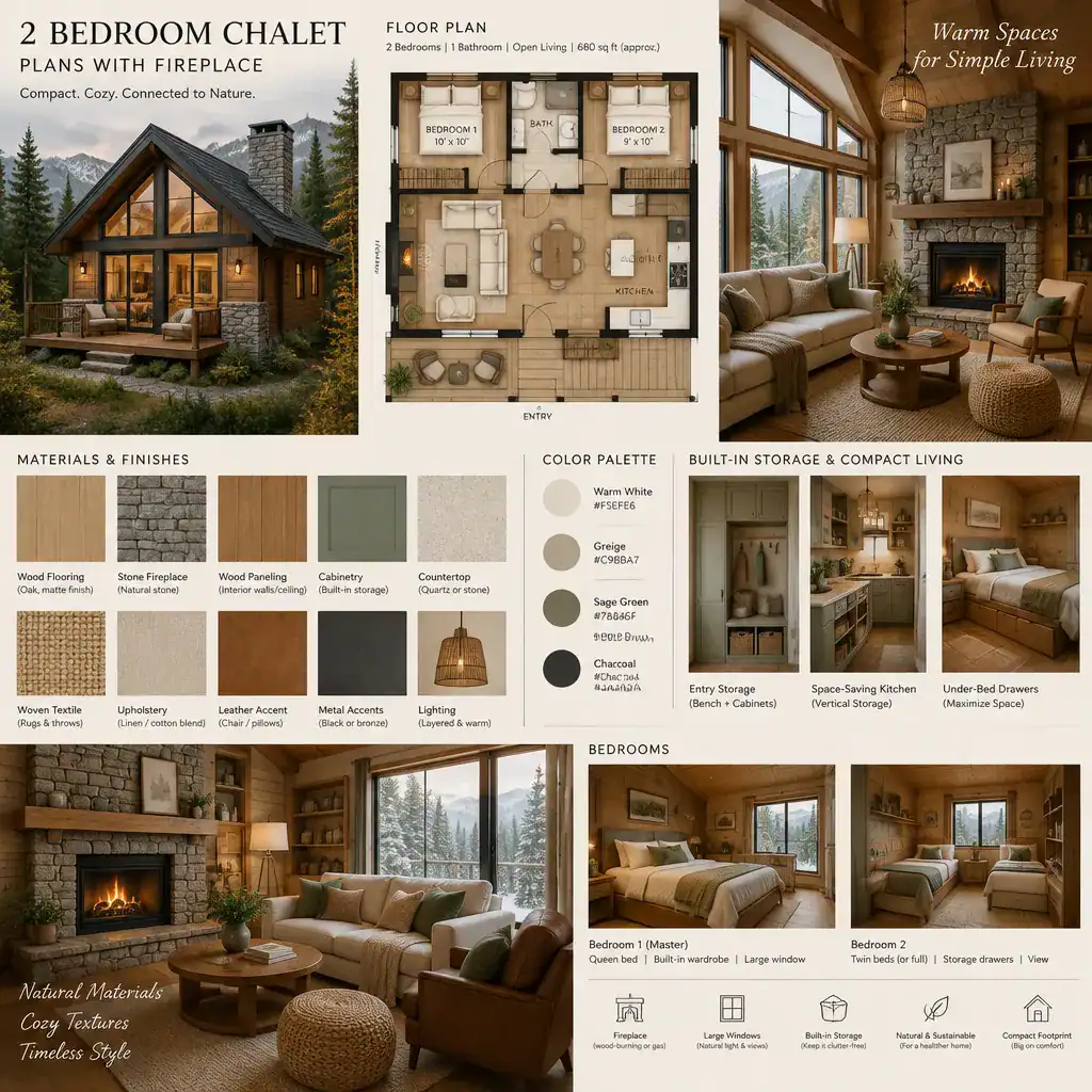 Chalet interior materials and space-saving decor around a fireplace