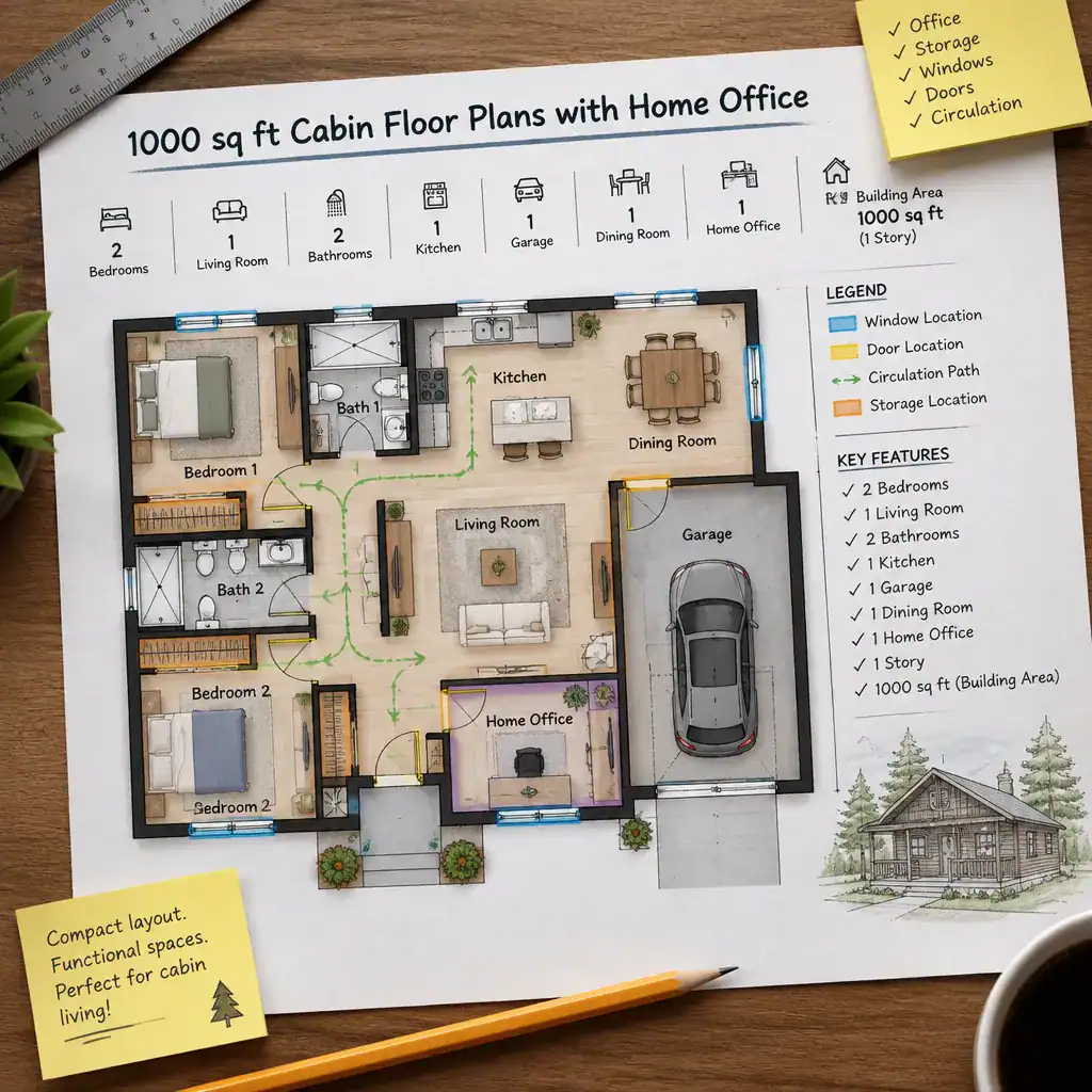 Checklist review of a compact cabin floor plan with home office