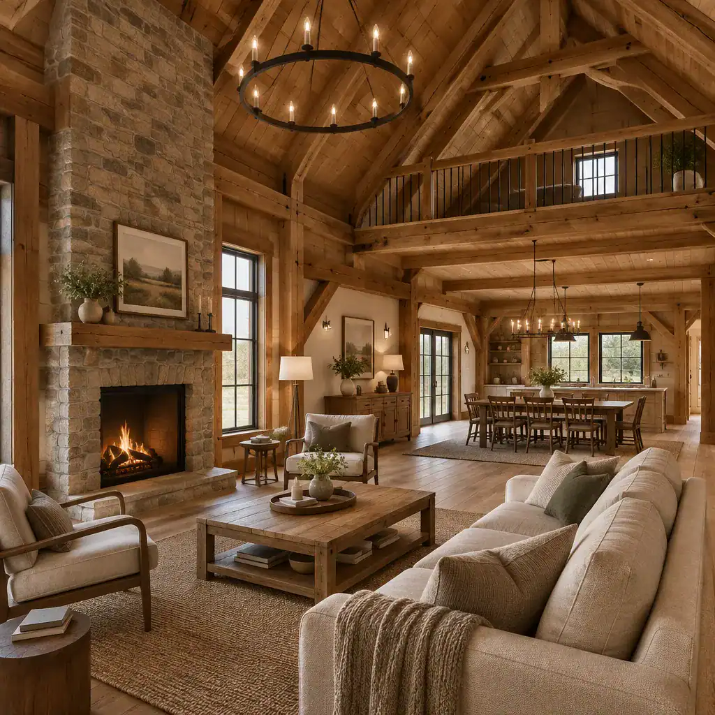 Classic barn house interior with timber beams and natural finishes