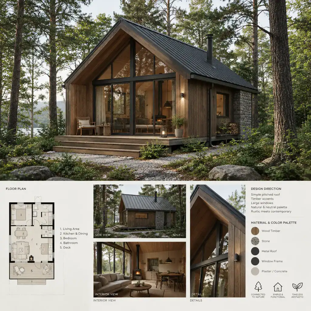 Cohesive cabin house design in a wooded setting