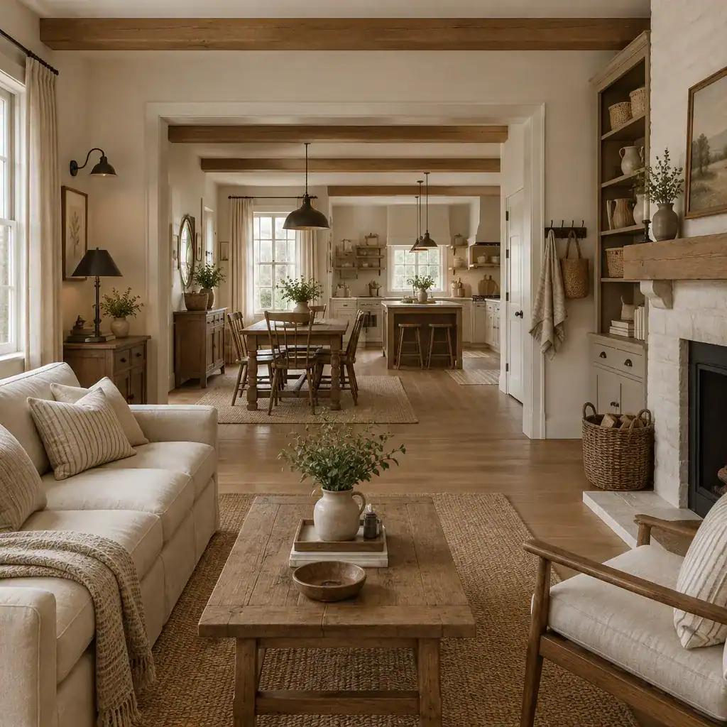 Cohesive traditional farmhouse interior with repeated wood, linen, and neutral details