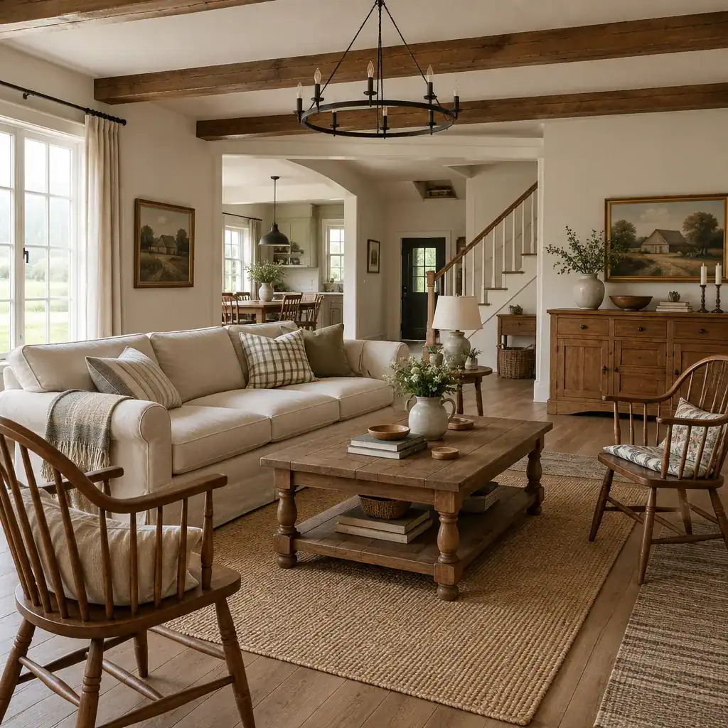 Comfortable traditional farmhouse furniture in a warm living room