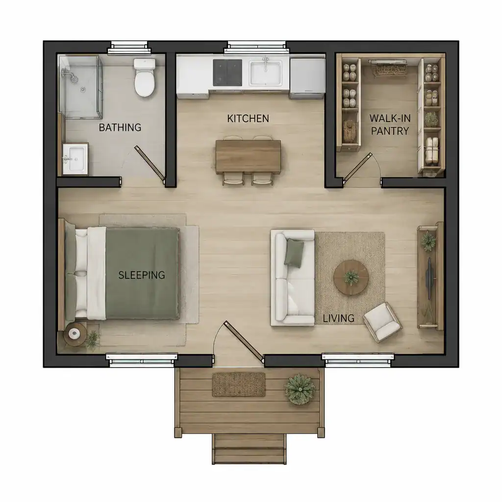 Compact 200 square foot cabin floor plan with a walk-in pantry